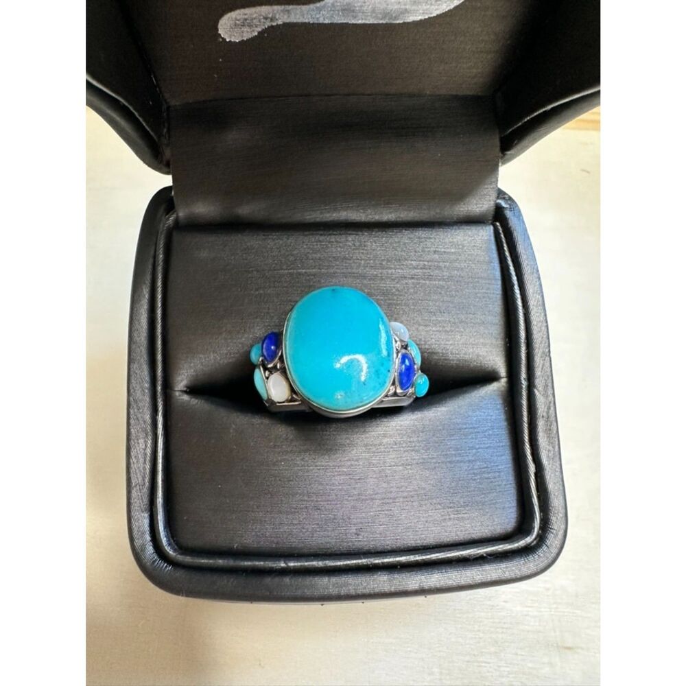 Beautiful Artisan Turquoise Lapis Mother of Pearl Sterling Silver Ring, Size 6 - Picture 5 of 10
